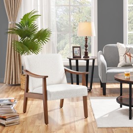 Yaheetech Yaheetech Fabric Accent Chair, Mid-Century Modern Armchair with Solid Wood Legs, Reading Leisure Chair with High Back for Living Room Bedroom Waiting Room,Ivory