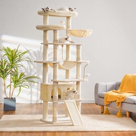 Heybly Tall Cat Tree,78 inch Multi-Level Cat Tower for Indoor Cats,2 Widened Plush Perches Cat Condo with Scratching Board and Big Caves,Beige HCT033M