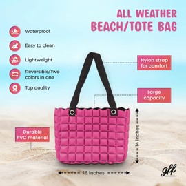 Gff Inflatable Beach Tote Bag for Women - 16x14x4 Inch Reversible PVC Bubble Bags Nylon Strap - Waterproof Large Travel Bag, Shoulder Handbags for Pool Beach GYM Shopping (Coral/Black)