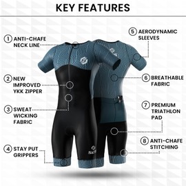 SLS3 Men's Triathlon Suit - Trisuit One-Piece - Triathlon Suit - Triathlon One Piece - Aerodynamic Short Sleeve Trisuit, (Sky Hex, M)