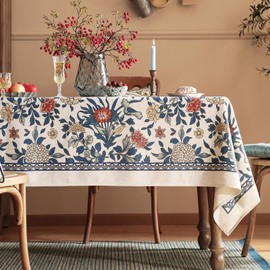 patdrea Designer Blue Tablecloth for Square Tables,Vintage Linen with Leaves and Flowers Pattern Tablecloths,Farmhouse Floral Table Cover Cloth Decor for Kitchen Dining Christmas,67"*67"