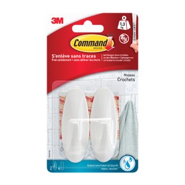 Command W17081 plastic hooks, size M, waterproof up to 1.4 kg Load Design with 2 Hooks and 4 Strips White