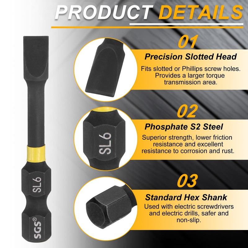 sourcing map 2pcs SL6 Slotted Impact Screwdriver Bits 6mm Slotted