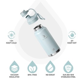 IDEUS Insulated Stainless Steel Water Bottle with 2 Leak-Proof Lids, Thermal Water Flask for Hiking Biking, 32oz, Light Blue