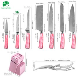 FULLHI 14pcs Block Knife Set, Chef's Knife Steak Knives Set with Block and Sharpener, Kitchen Knife Set, Multi-colour Handle, Gifts for Men Women