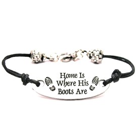 ChubbyChicoCharms Home is Where His Boots are Pewter Plate Black Waxed Cord Bracelet, 2.5"