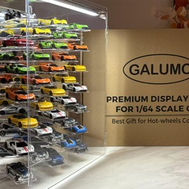 Display Case for Hot Wheels with Lights and Acrylic Cover 1/64 Display Case 45 Degree Angle Toy Cars Storage Case Hold 33 Cars Storage Case for Hot Wheels Gifts for Hot Wheels Collector (Silver)