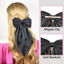 JGQUR Black Hair Bow Clips for Women - Big Long Tail Satin Bows, Cute Ribbon Hair Accessories for Birthday Gift, Weddings, Parties, Pack of 1