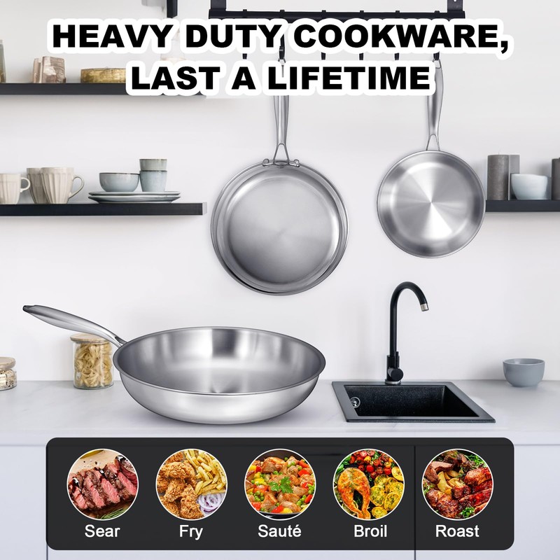EWFEN Tri-Ply Stainless Steel Frying Pans Set, 8”/10”/12” Cooking pans,