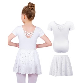 MYSSUCI Ballet Clothing Girls Ballet Dress Children Short Sleeve Cotton Ballet Suit Dance Body Dance Dress with Chiffon Skirt Tutu 3-11 Years, White