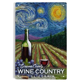 Lantern Press 6x9 Inch Metal Sign, Sonoma County Wine Country, California, Vineyard, Starry Night