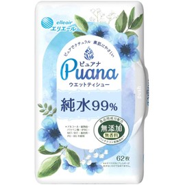 Elleair Puana (Additive-Free) Wet Tissue 99% Pure Water, 62 Pieces