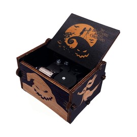 Music Box Clockwork The Nightmare Before Christmas Painted Wind Up Musical Box Laser Engraved Wood Musical Gifts for Fans (Yellow-Black-Windup)