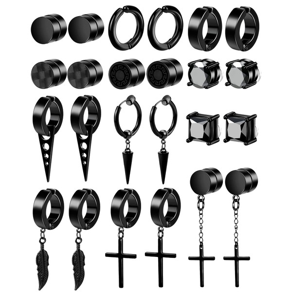 ONESING 12 Pairs Black Magnetic Earrings for Men Clip On Earrings for Men Fake Earrings Mens Earrings Hoop Dangle Earrings Black Earrings for Men Women Fake Piercing Non-Piercing Earrings Set