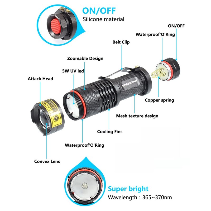 DARKBEAM UV 365nm Light Flashlight 2 Packs Wood's lamp Blacklight