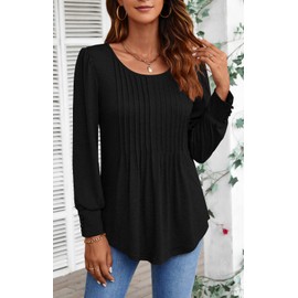 Ladlop Womens Long Sleeve Tshirts Shirts Pleated Crew Neck Casual Fall Fashion Tops Loose Fit Outfits Clothes Black L