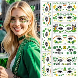 St. Patrick's Day Tattoos, Glitter Shamrock Face Eye Temporary Tattoo Stickers for Women, Green Clover Irish Party Face Makeup Decor Saint Patrick’s Day Art Decorations Fake Tattoos 10Sheets