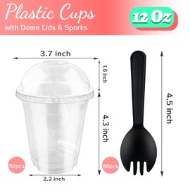 Szsrcywd 100pcs 12 Oz Plastic Cups with Dome Lids and Sporks,Clear Disposable Dessert Containers for Ice Cream,Fruit,Parfait,Pudding,Yogurt,Jelly,Hole in the Lid,50 Set