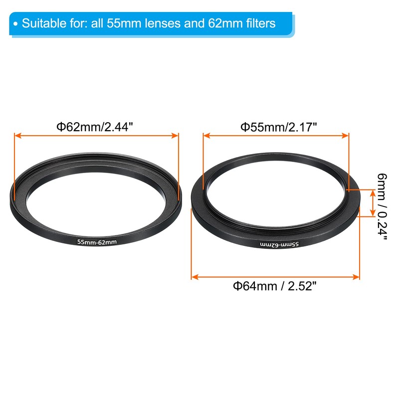PATIKIL 55mm-62mm Metal Step Up Ring, 2 Pack Camera Lens