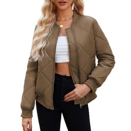 WEACZZY Diamond Quilted Jackets for Women Lightweight Long Sleeve Zip Up Puffer Jacket Fall Fashion 2024 Winter Outerwear with Pockets Brown S