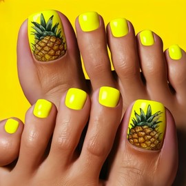 Pineapple Press on Toenails Short Square Stick on Toenails with Solid Yellow Design Spring False Toenail Glossy Summer Glue on Toenail Cute Full Cover Fake Toe Nails for Women Girls Manicure 24Pcs
