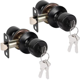 HOSOM Matte Black Door Knob with Lock and Key, Exterior Door Knob for Bedroom and Bathroom, Keyed Entry Door Knob Interior, Stainless Steel Door Handle, 2 Pack