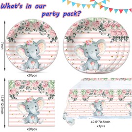 41 piezas de suministros de fiesta de baby shower de elefante rosa, incluye 16 platos, 16 servilletas y 1 mantel, utilizado para decoración de fiesta de cumpleaños de elefante