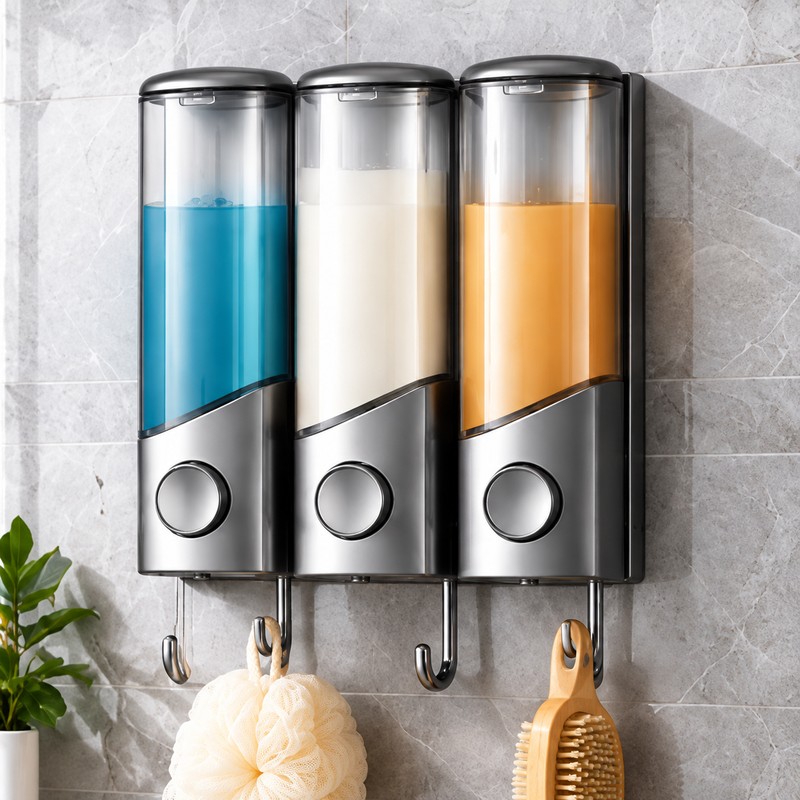 Wall Mounted Shampoo and Conditioner Dispenser with Hooks, 3-Compartment Refillable