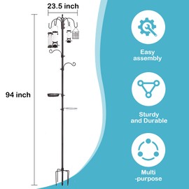 YINGYM 6-Hook Bird Feeding Station Kit, Wild Bird Feeder Stand Pole, Multi-Feeder Kit Stand with 4 Feeders, Bird Bath and Mesh Tray, 94 Inch