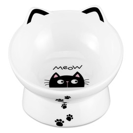 Yedio Porcelain Raised Cat Bowl, Tilted Cat Food Bowl with Anti Slip Band, Stress Free, Elevated Porcelain Pet Bowl Protect Pet's Spine, Backflow Prevention, Dishwasher Safe, White