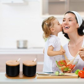 Hemoton Ceramic Sugar Bowl Seasoning Box Condiment Pot Porcelain Salt Kitchen Food Storage Canister Container with Wood Lid Tray and for Tea Snack Pepper Coffee