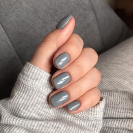 SXVME Grey Press on Nails Short Square Acrylic Short False Nails Coffin Natural Acrylic Fake Nails Set Elegant Solid Color Full Cover Glossy Gel Stick on Nail for Women Daily Wear 24 Pcs