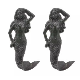 Ebros Gift 6"H Mermaid Cast Iron Rustic Wall Coat Hook For Keys Leashes Hats (2)