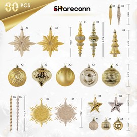 SHareconn 80pcs Christmas Balls Ornaments Set, Contemporary Light Luxury Gift Set, Shatterproof Plastic Decor for Xmas Tree Holiday Wedding Party Decorations with Hanging Strings, Dark and Light Gold