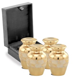 Forever URNS - Mini Urn for Ashes Adult Male & Female, Set of 4 | Memorial Gifts l high-Grade Brass Metal |Classic MOP Theme | Velvet Protection Box | Handcrafted Memorial Box for Funeral, 3 cu in