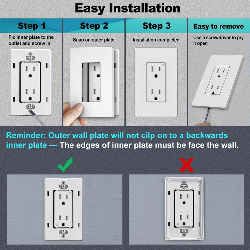 CML Decorator Screwless Wall Plate, 1-Gang Receptacle Outlet Cover, 8