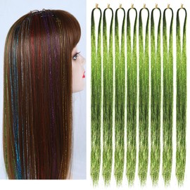 Hair Tinsel Extensions Light Green 44 Inch Glitter Tinsel Hair Kit Sparkling Fairy Hair Accessories for Women Kids Girls 8 Pcs 200 Strands/Pcs