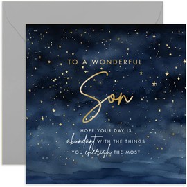Birthday Card for Son - Wonderful Son Stars Design - Male Birthday Card for Men - Adult, Teenager, Child - Gold Foil Star Sky Design - Special Birthday Card for Him from Family | Blank Inside Envelope