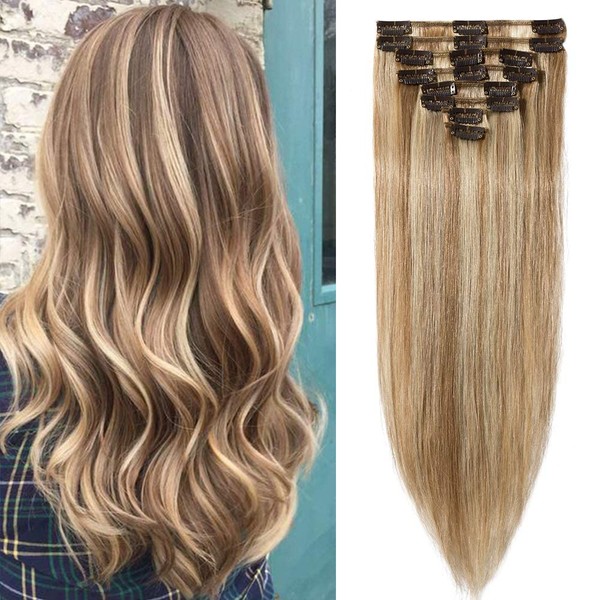 Clip-In Real Hair Extensions, 100% Remy Real Hair Extensions, 8 Wefts, 18 Clips Extensions, Real Hair Clip-in Standard Weft, Straight, 60 cm / 120 g (#60 Platinum Blonde)