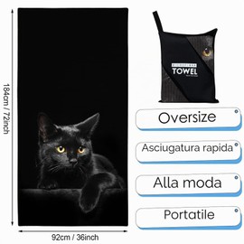 Zomer Telo mare grande 90 x 180 cm microfibra asciugamano XXL asciugamano da spiaggia spiaggia nuoto sauna campeggio asciugatura rapida leggero con motivo gatto nero