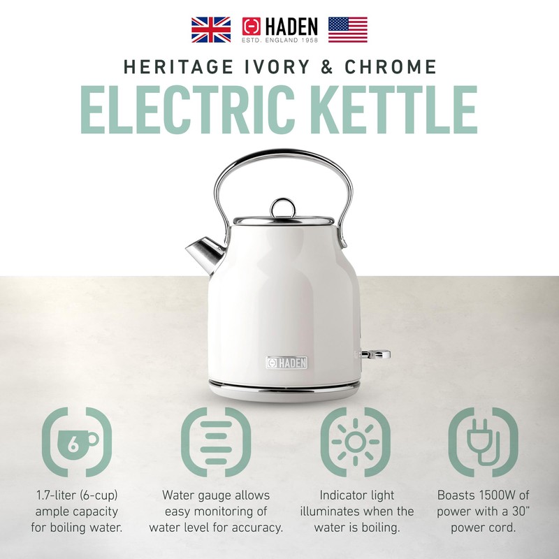 Haden Heritage 1.7 Liter Stainless Steel Electric Kettle, Hot Water