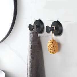 DGYB Suction Cup Hooks for Shower Set of 4 Removable Stainless Steel Towel Hook for Bathroom Glass Window Door Wall and Suction Wreath Hook for Hanging Robe, Loofah, Coat - Black