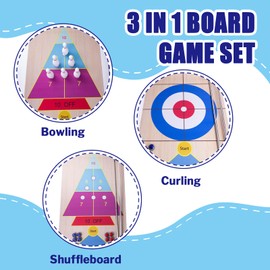 11.8’L Shuffleboard, Curling and Bowling 3 in 1 Board Game Set,with 11.8 Foot Game Mat,2 Cues,8 Curling Rocks,6 Bowling Pins,Fun Family Game