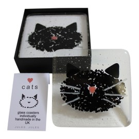 JULES Pair of Handcrafted Glass Coasters Featuring A Black Cat Kitten Face