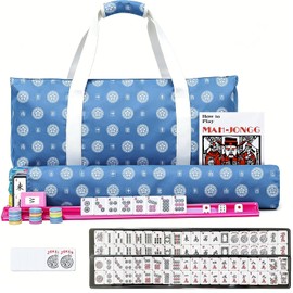 Ploomi American Mahjong - Juego de azulejos de 166 azulejos blancos, 4 estantes y empujadores de colores, juego completo de mahjong occidental con bolsa de transporte azul para principiantes y