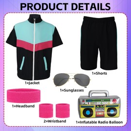 Coseaon 80s Outfit for Men 90s Track Suit Men's Retro Color Block Short Sleeve Jacket Shorts Set Outfits Costumes for Party (US, Alpha, XX-Large, Regular, Regular, Black)
