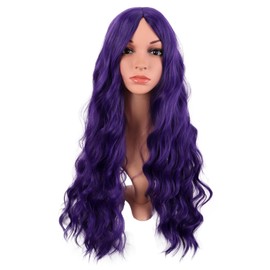 MapofBeauty 28 Inch/70 cm Long Wavy Middle Part with No Bangs Synthetic Fiber Curly Fashion Women Party Cosplay Wig (Dark Purple)