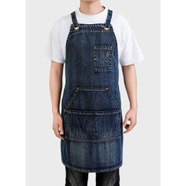 Pincy Cotton Denim Apron, Unisex Adjustable Bib Apron with Pockets for Cooking Kitchens (CKD-Blue)
