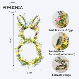 AOMOONOA Easter Bunny Spring Wreath for Front Door, Lighted Easter Wreaths with Timer and 30 LED Warm Lights, Foldable Bunny Wreaths with Eggs, Twigs and Berries, Pre-Lit Wreath for Spring Decor