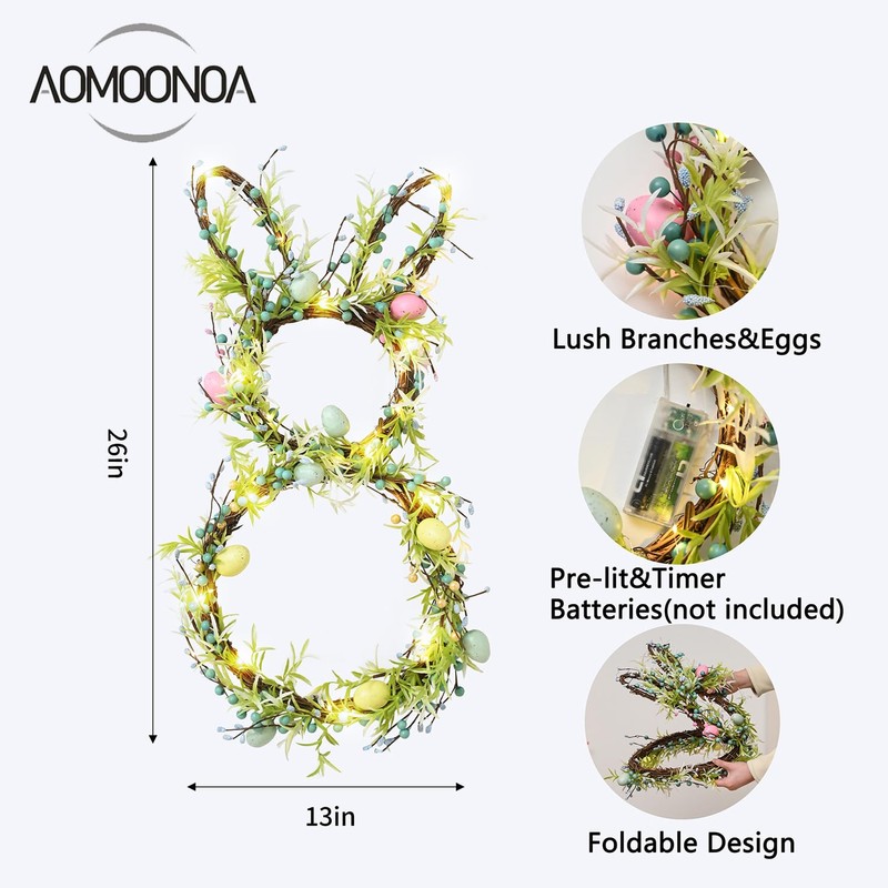 AOMOONOA Easter Bunny Spring Wreath for Front Door, Lighted Easter